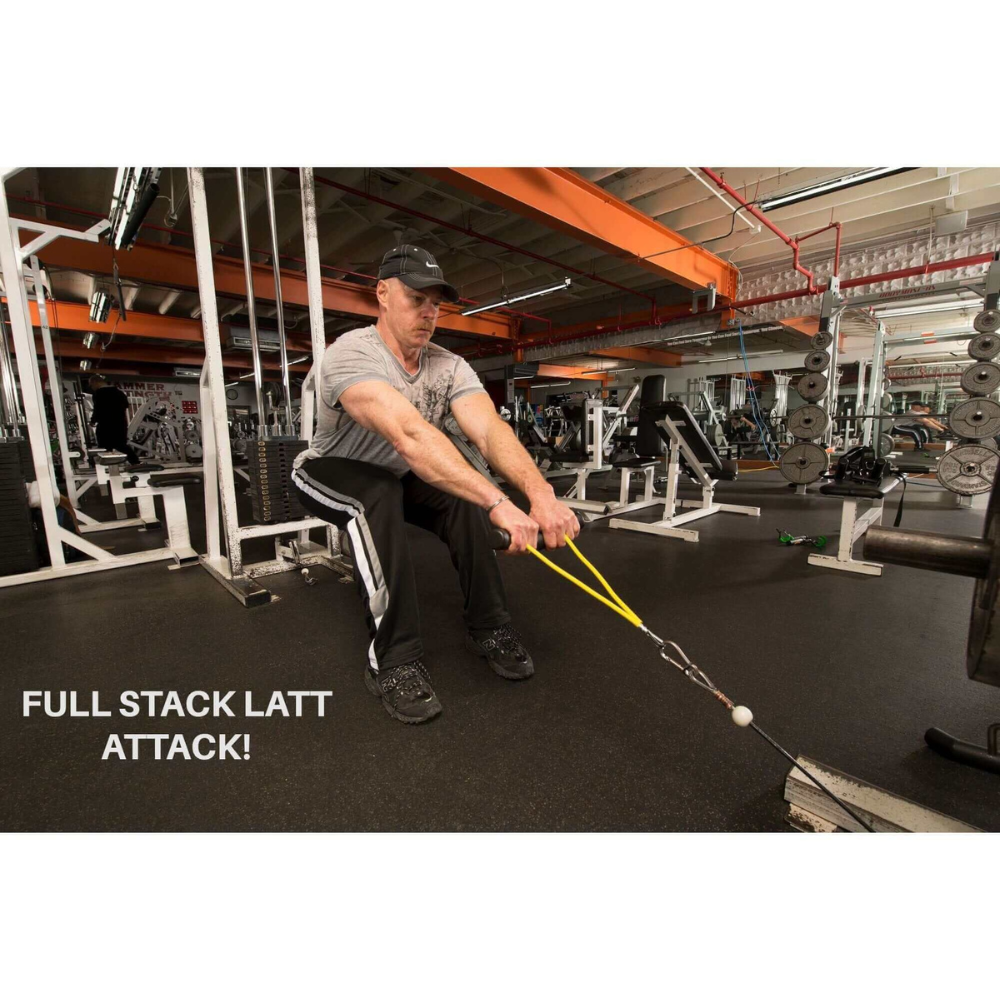 A person works out in a gym using PULL FORCE Hi-Intensity Cable Gym Attachment handles, showcasing their superb grip and determination. Text reads "FULL STACK LATT ATTACK!.
