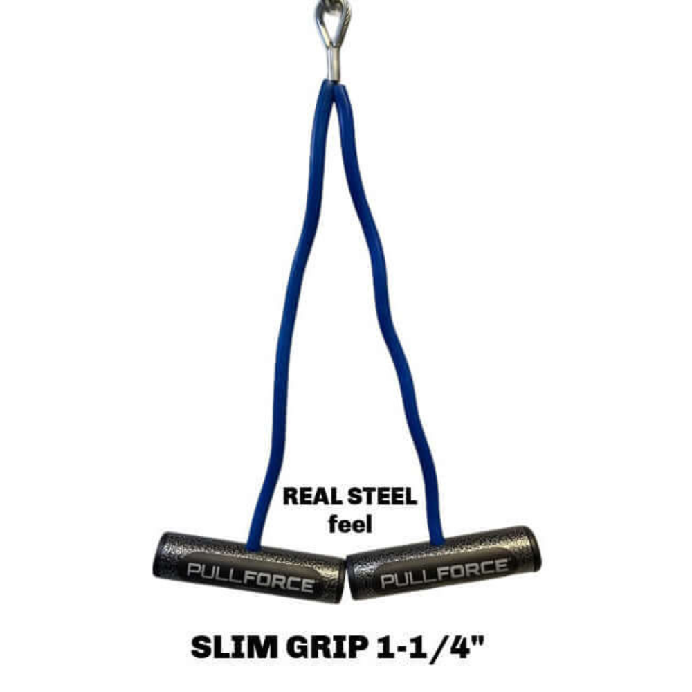 The PULL FORCE Hi-Intensity Cable Gym Attachment handles, marked "PULLFORCE" and "SLIM GRIP 1-1/4," feature blue rope for a superior grip. Ideal for fitness use, these commercial-grade handles ensure durability and performance in any workout setting.