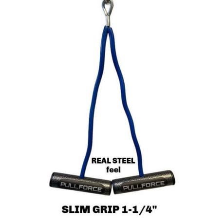 The PULL FORCE Hi-Intensity Cable Gym Attachment handles, marked "PULLFORCE" and "SLIM GRIP 1-1/4," feature blue rope for a superior grip. Ideal for fitness use, these commercial-grade handles ensure durability and performance in any workout setting.