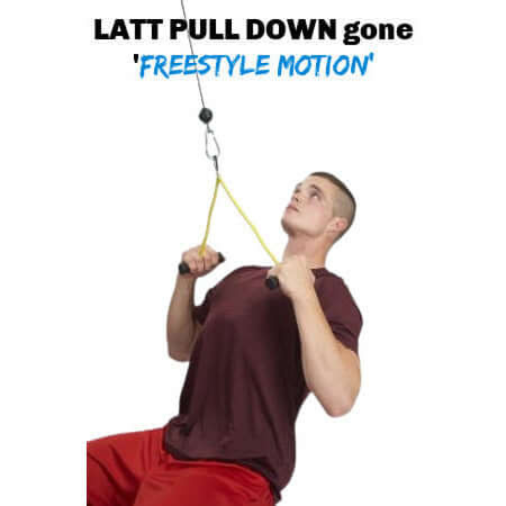 A man in a maroon shirt and red shorts uses PULL FORCE Hi-Intensity Cable Gym Attachment handles with a resistance band to perform a superior grip lat pulldown, simulating the efficiency of commercial-grade cable gym attachments for optimal results.