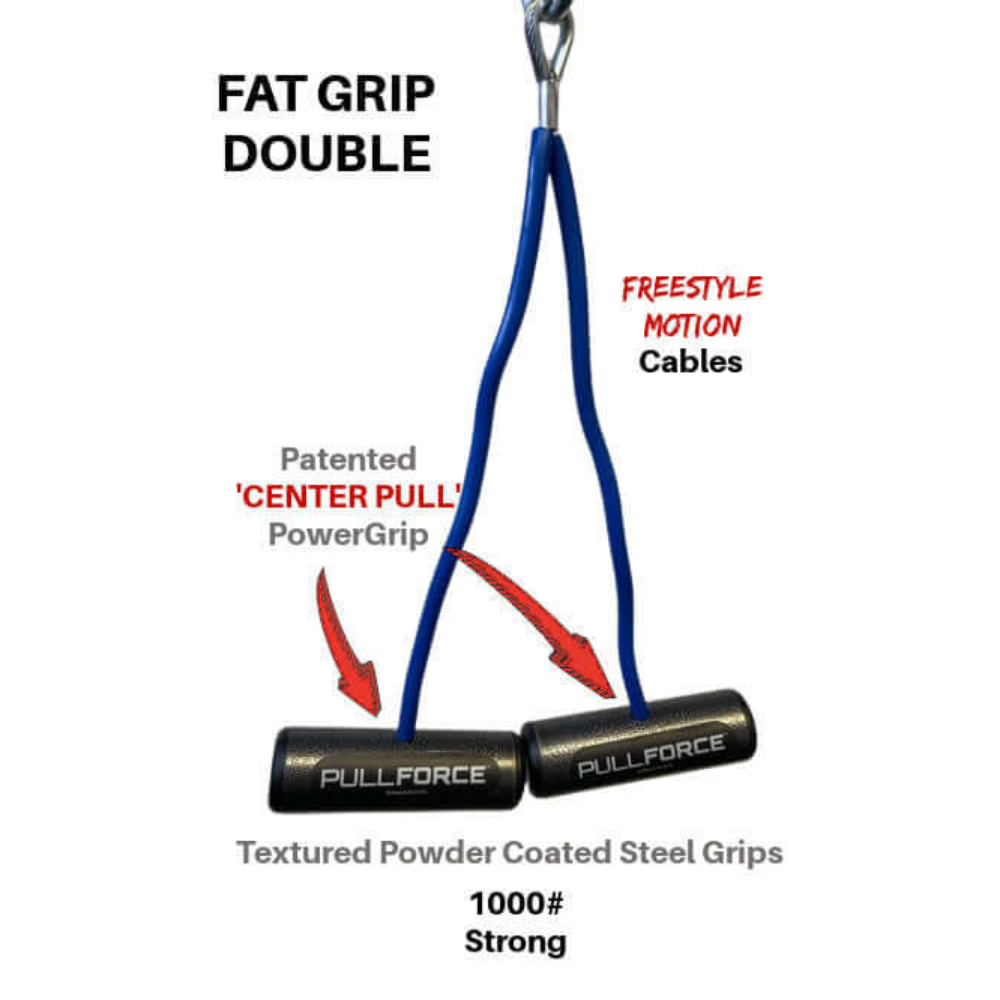 The PULL FORCE Hi-Intensity Cable Gym Attachment handles feature blue cables, two black handles, and red arrows for superior grip indicators, ideal for an enhanced workout with commercial-grade durability and reliability.