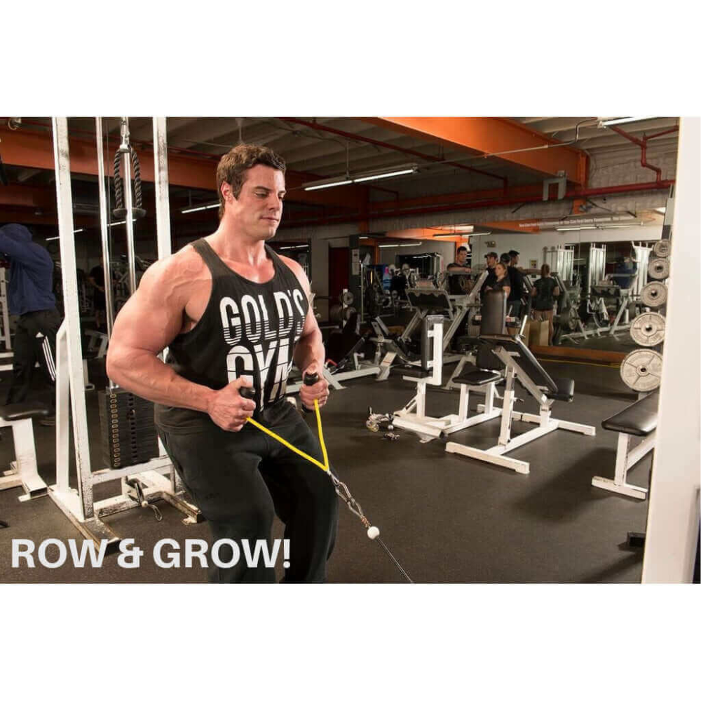A person exercising with PULL FORCE Hi-Intensity Cable Gym Attachment handles in a gym, wearing a "Gold's Gym" tank top. Text reads "ROW & GROW!" #CableGymAttachments.