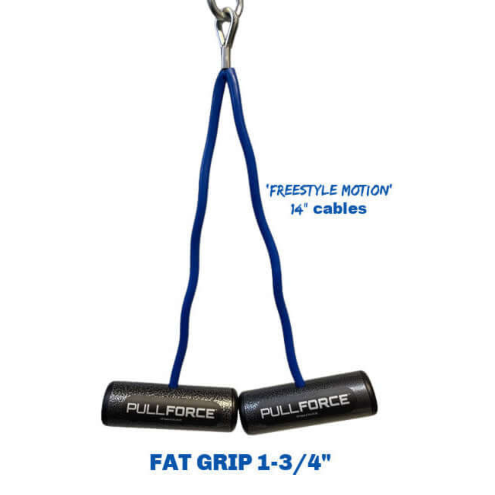 Introducing the "PULL FORCE Hi-Intensity Cable Gym Attachment handles" with blue cables, offering superior grip for an enhanced workout experience. These commercial-grade cable attachments ensure durability and performance, featuring renowned Freestyle Motion 14'' cables.