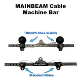 The PULL FORCE 'MAINBEAM' Modular Cable Attachments for Gym include triceps ball slides and standard slides, perfect for triceps extensions and other cable workouts. They are labeled with arrows and text for user-friendly operation.