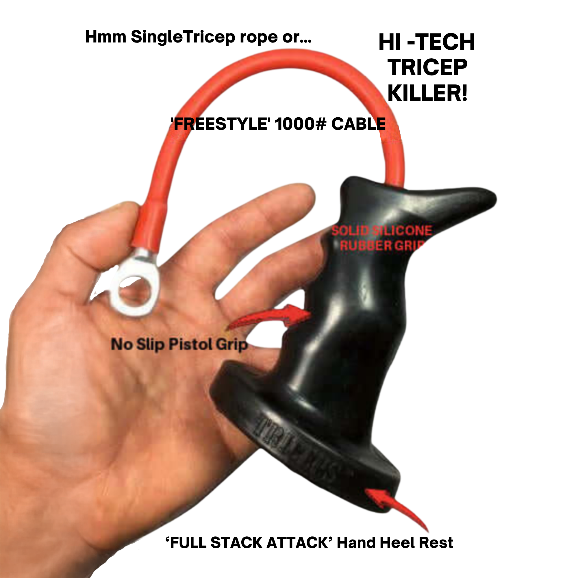 A hand holds the PULL FORCE 'MAINBEAM' Modular Cable Attachment, a black and red grip tool with a no-slip pistol grip and flexible silicone handle, ideal for cable machine exercises.