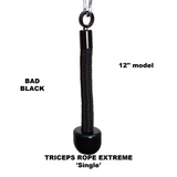 The PULL FORCE 'MAINBEAM' Modular Cable Attachments for Gym includes a 12-inch black single triceps rope labeled "BAD BLACK" and "TRICEPS ROPE EXTREME 'Single'," ideal for triceps cable workouts and cable machine exercises.