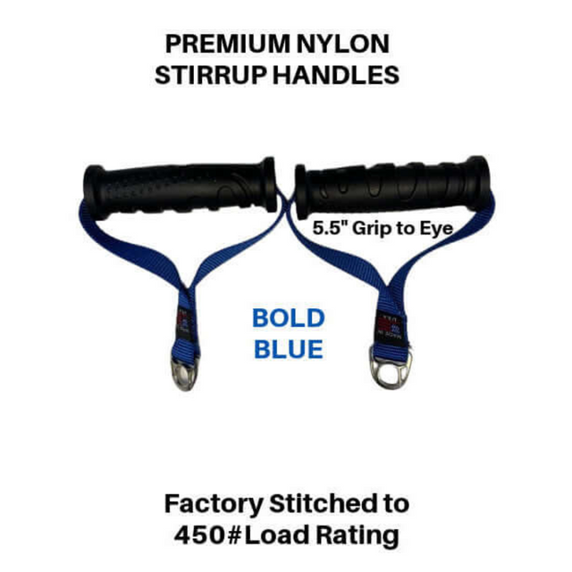 PULL FORCE 'MAINBEAM' Modular Cable Attachments: Two black nylon stirrup handles with blue straps, metal loops, 5.5" grip to eye, 450 lb load rating—perfect for Cable Machine workouts.