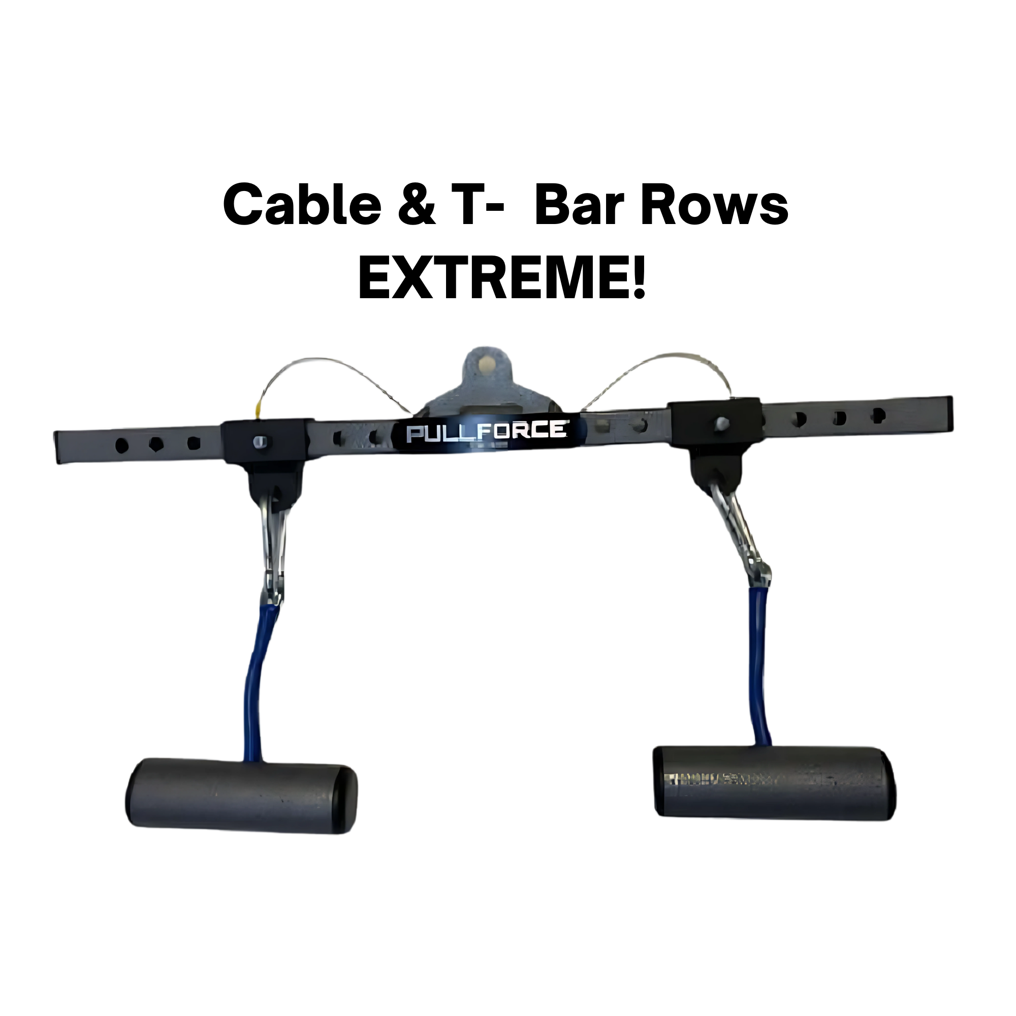 The PULL FORCE 'MAINBEAM' Modular Cable Attachment features two handles and a bold center logo, ideal as a cable machine or tricep bar to enhance your gym workouts.
