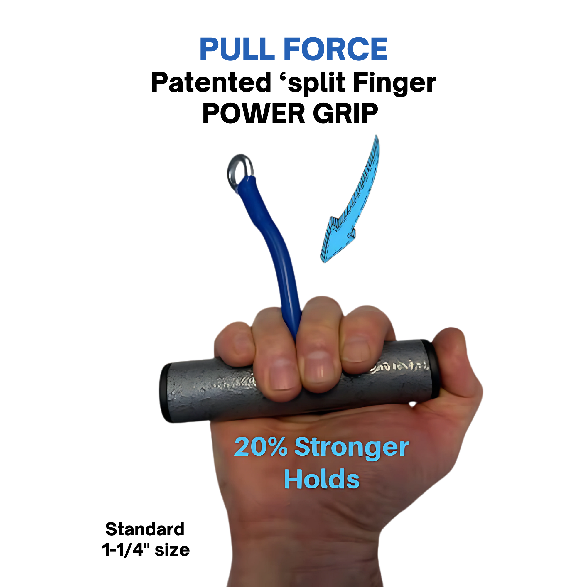 A hand grips the PULL FORCE 'MAINBEAM' Modular Cable Attachment, featuring a blue arrow and "20% Stronger Holds" text, perfect for boosting your cable machine workouts.