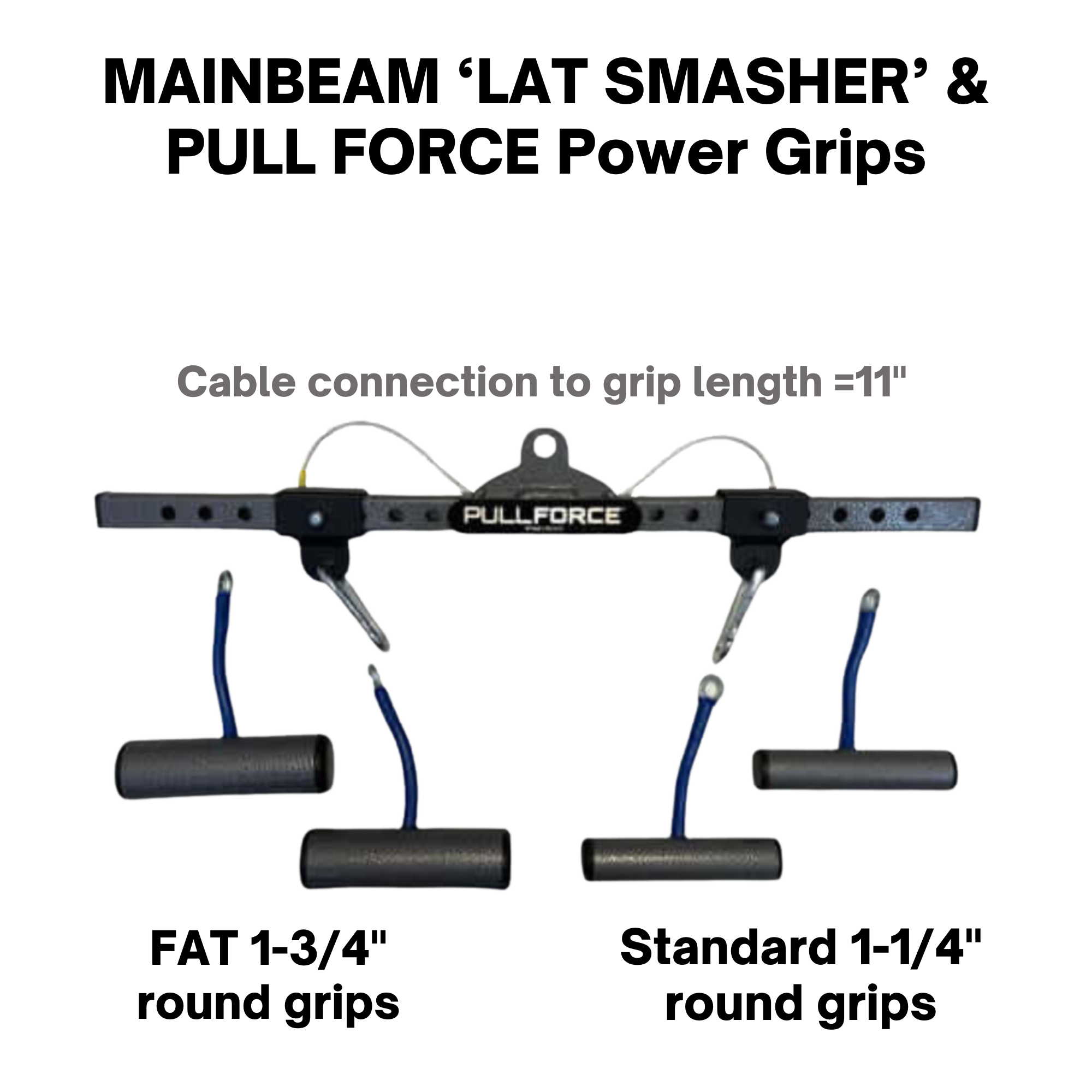 The PULL FORCE 'MAINBEAM' Modular Cable Attachment in black features four grip handles and an 11-inch cable connection to grip length. Ideal for Cable Machines or as a Tricep Bar for versatile gym workouts.