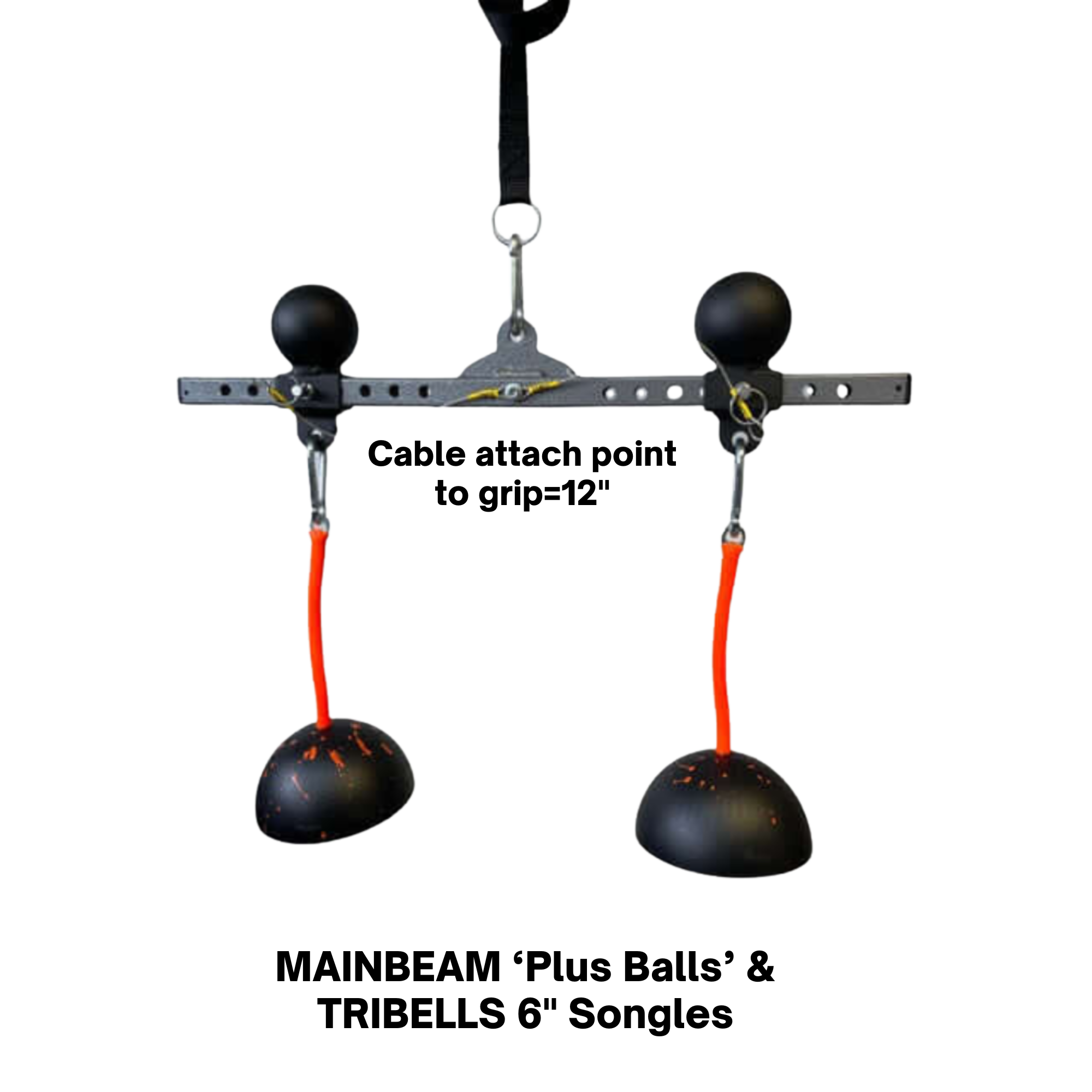 Two black weights with red cords hang from a PULL FORCE 'MAINBEAM' Modular Cable Attachment, featuring adjustable holes and two black knobs on top.