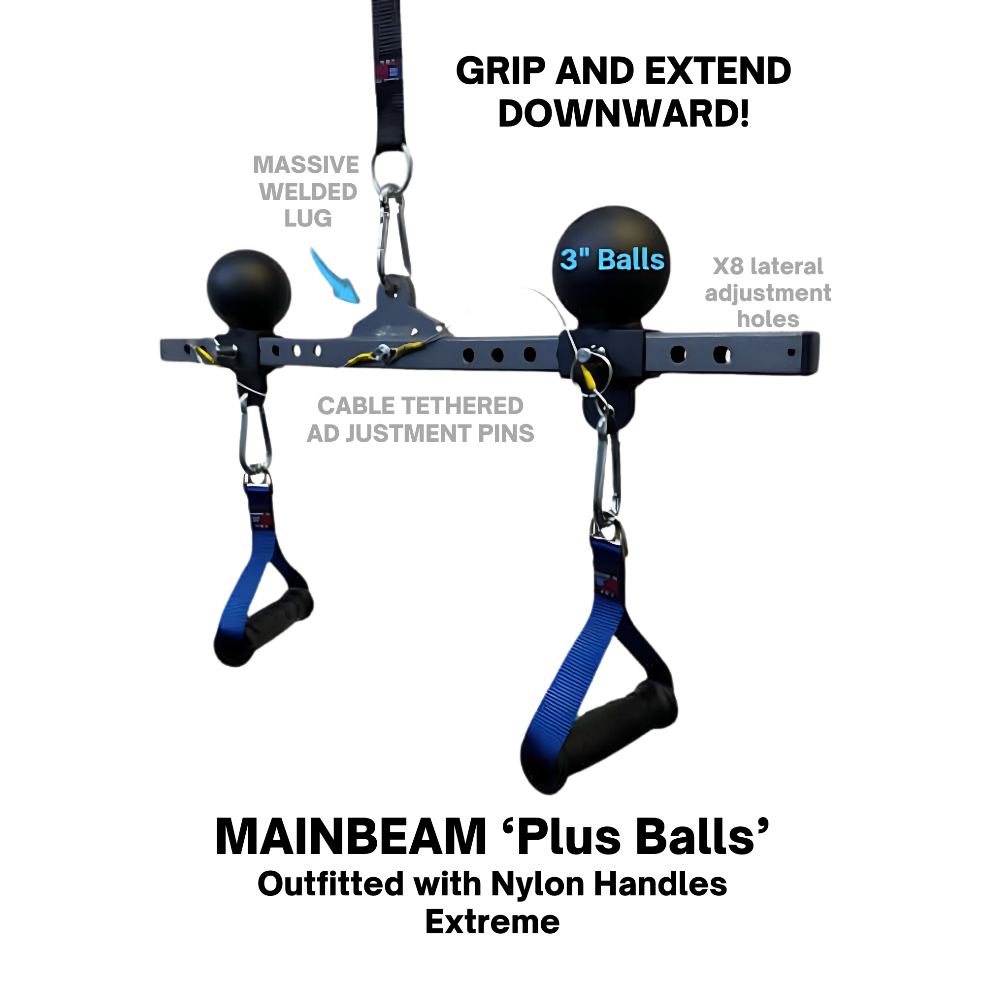 The PULL FORCE 'MAINBEAM' Modular Cable Attachment features black metal handles, adjustment holes, labeled 3" balls, pins, and a welded lug—perfect for cable machine workouts.