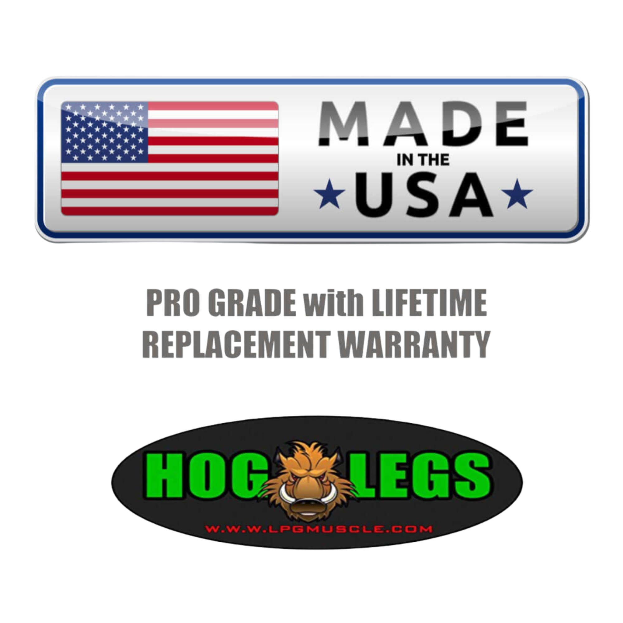 PULL FORCE 'MAINBEAM' Modular Cable Attachments for Gym are pro-grade, made in the USA with a flag and Hog Legs logo plus website, and include a lifetime warranty.