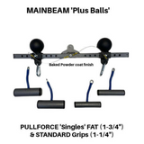 Introducing the PULL FORCE 'MAINBEAM' Modular Cable Attachments: Versatile gym equipment with a metal bar, black spheres, and multi-grip handles—perfect for triceps extensions. It features detailed text on superior coating and varied grip sizes for optimal Cable Machine workouts.