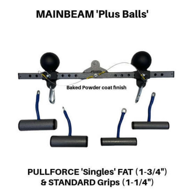 Introducing the PULL FORCE 'MAINBEAM' Modular Cable Attachments: Versatile gym equipment with a metal bar, black spheres, and multi-grip handles—perfect for triceps extensions. It features detailed text on superior coating and varied grip sizes for optimal Cable Machine workouts.