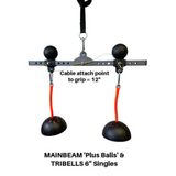Enhance your workout with PULL FORCE 'MAINBEAM' modular cable attachments. Featuring adjustable grips and weighted balls labeled "Plus Balls" and "Tripells 6" Singles," they're perfect for Triceps Extensions or Cable Machine exercises.
