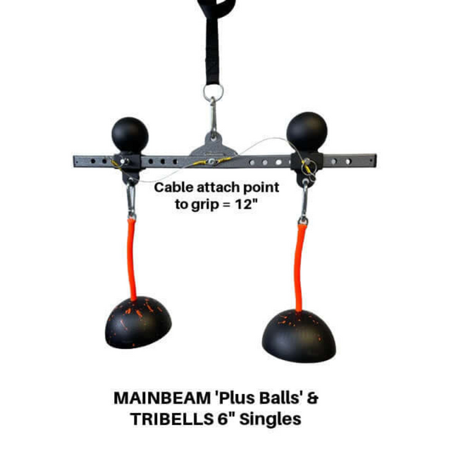 Enhance your workout with PULL FORCE 'MAINBEAM' modular cable attachments. Featuring adjustable grips and weighted balls labeled "Plus Balls" and "Tripells 6" Singles," they're perfect for Triceps Extensions or Cable Machine exercises.