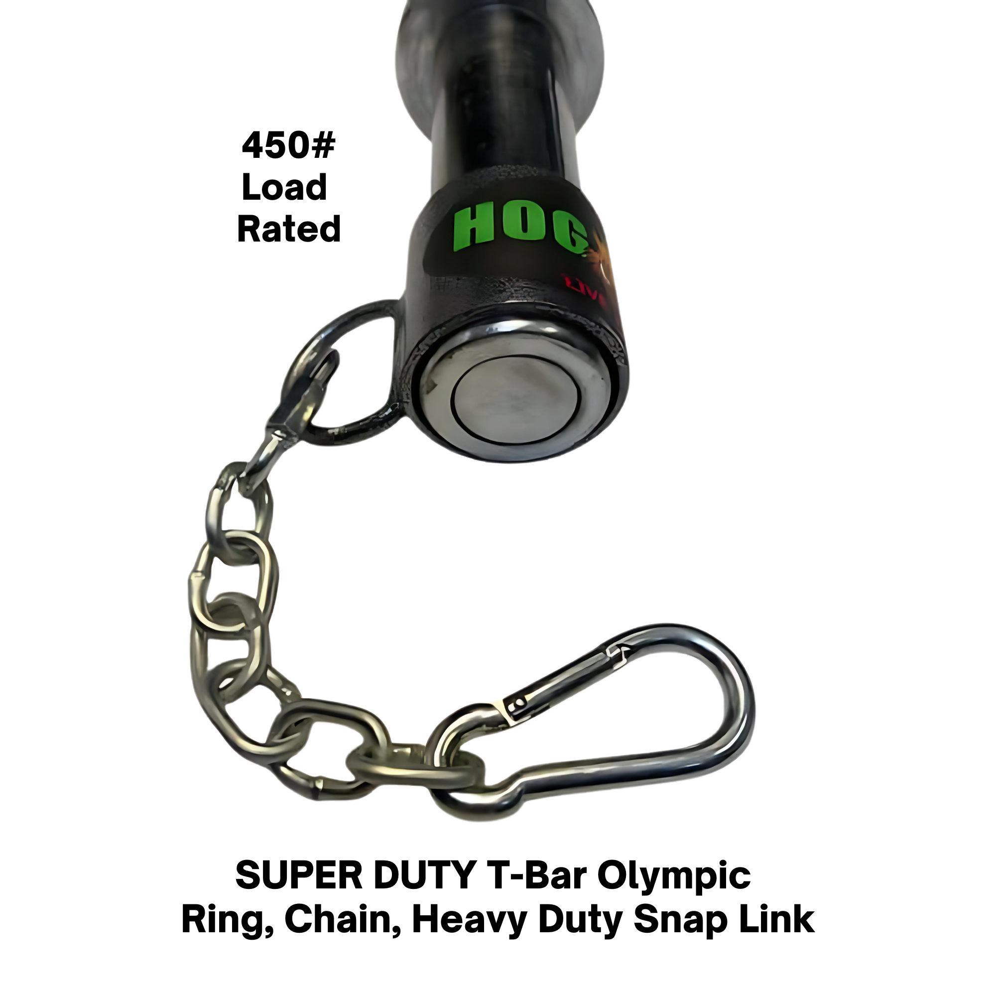 A close-up of a metal PULL FORCE 'MAINBEAM' Modular Cable Attachment with a chain and carabiner, labeled "HOG" in green letters.