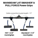 Diagram of PULL FORCE 'MAINBEAM' Modular Cable Attachments with Power Grips, displaying various round grip sizes ideal for Triceps Extensions and Cable Machine workouts.