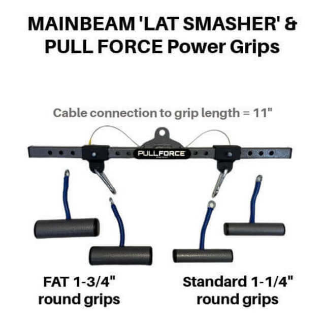 Diagram of PULL FORCE 'MAINBEAM' Modular Cable Attachments with Power Grips, displaying various round grip sizes ideal for Triceps Extensions and Cable Machine workouts.