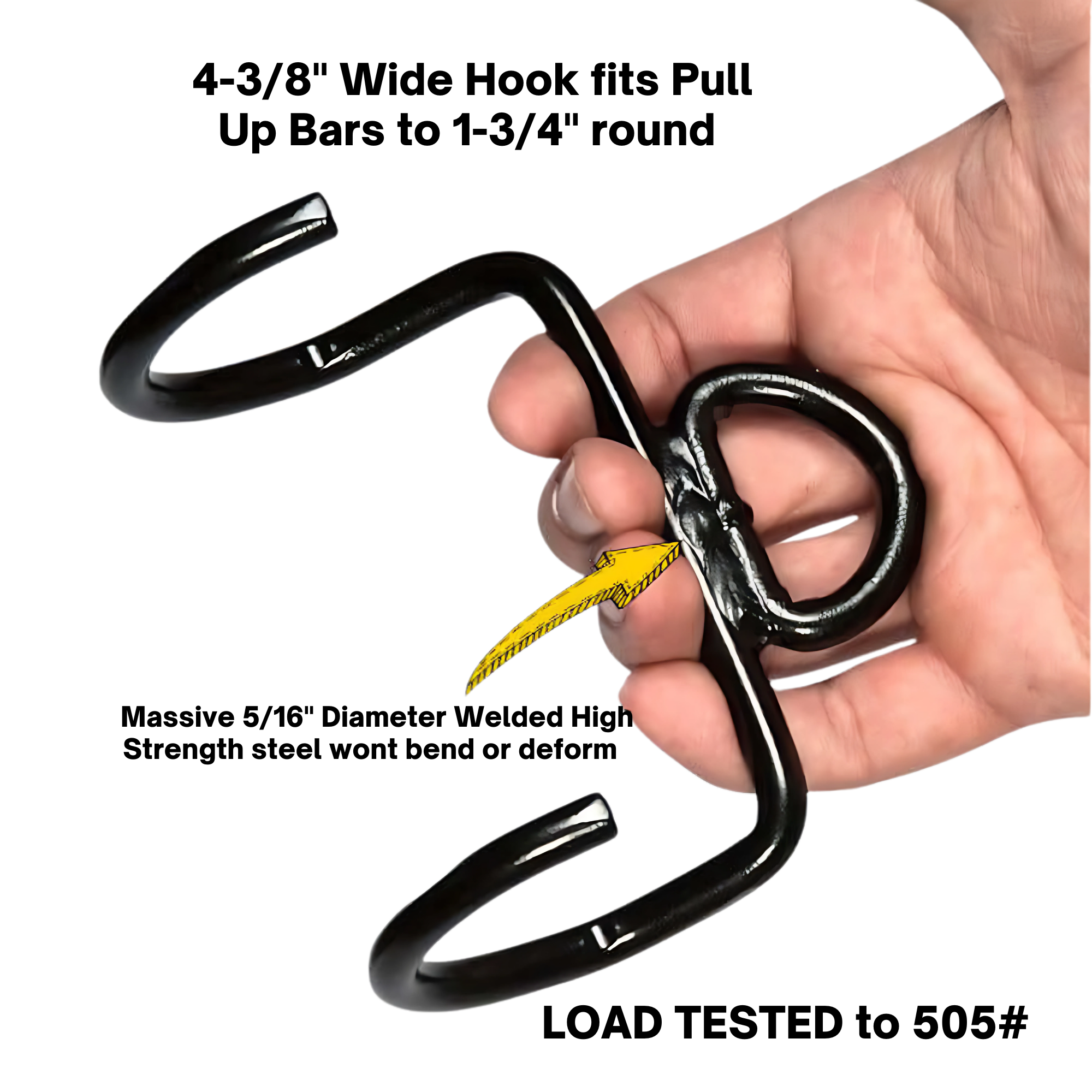 A hand holds a PULL FORCE 'MAINBEAM' Modular Cable Attachment in black metal, featuring two hooks and a yellow rope.