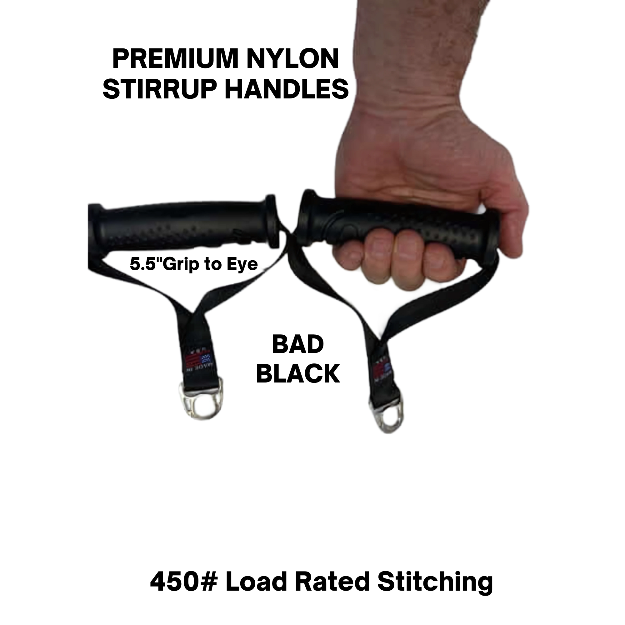 A hand holds two black PULL FORCE 'MAINBEAM' Modular Cable Attachments for Gym, resembling cable machine bar handles, against a black background.