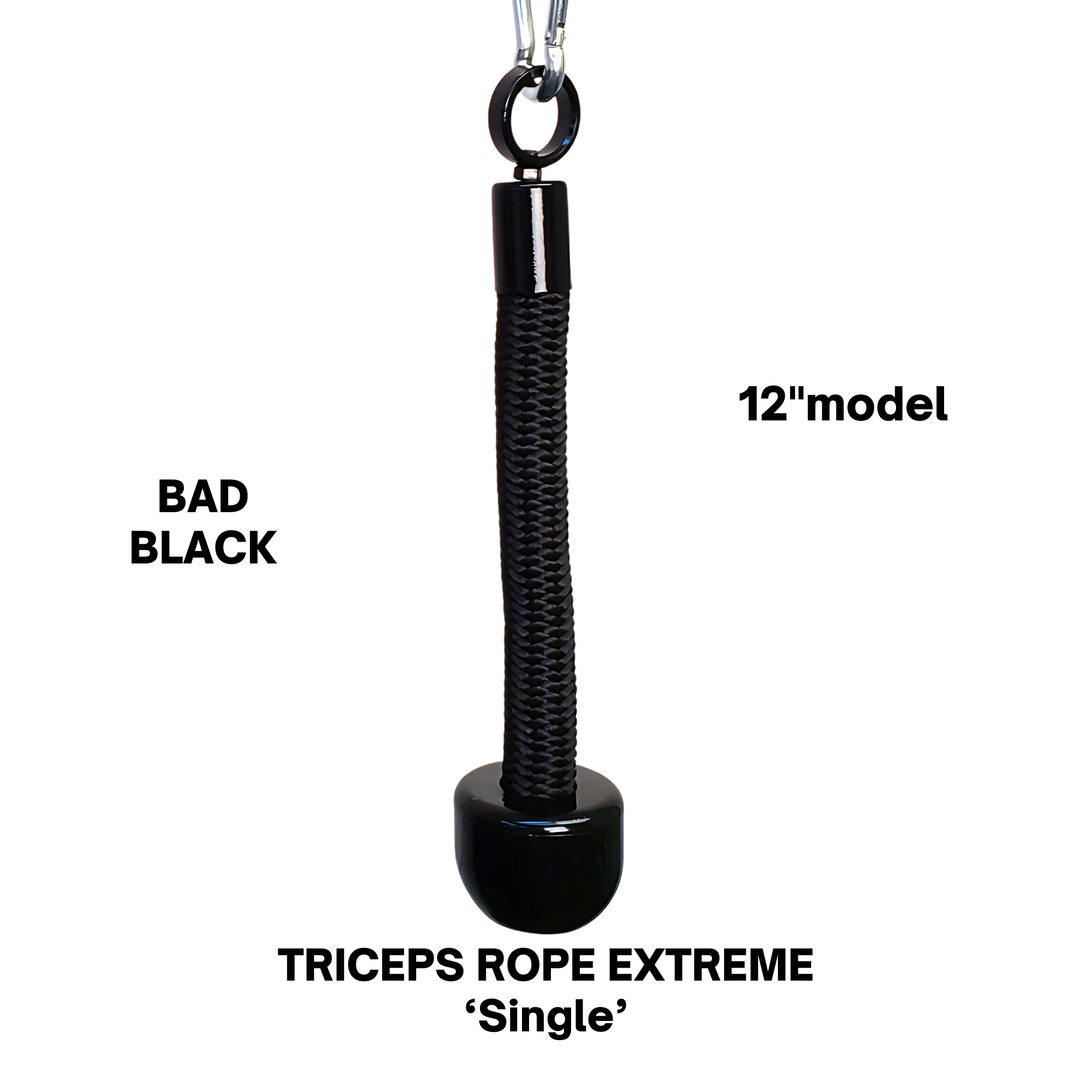 The PULL FORCE 'MAINBEAM' Modular Cable Attachment is a black braided keychain with a looped top and round, glossy end, resembling a tricep bar grip—a sleek accessory that showcases true PULL FORCE style.