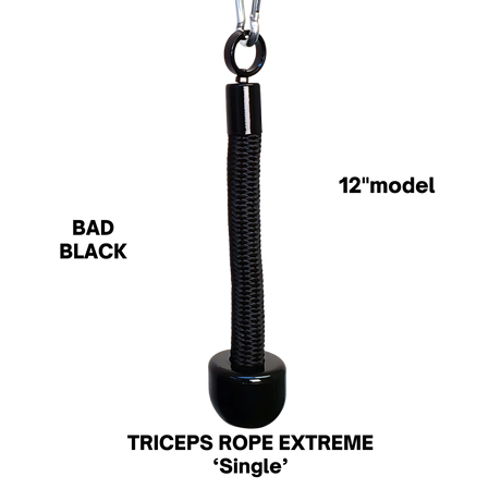 The PULL FORCE 'MAINBEAM' Modular Cable Attachment is a black braided keychain with a looped top and round, glossy end, resembling a tricep bar grip—a sleek accessory that showcases true PULL FORCE style.