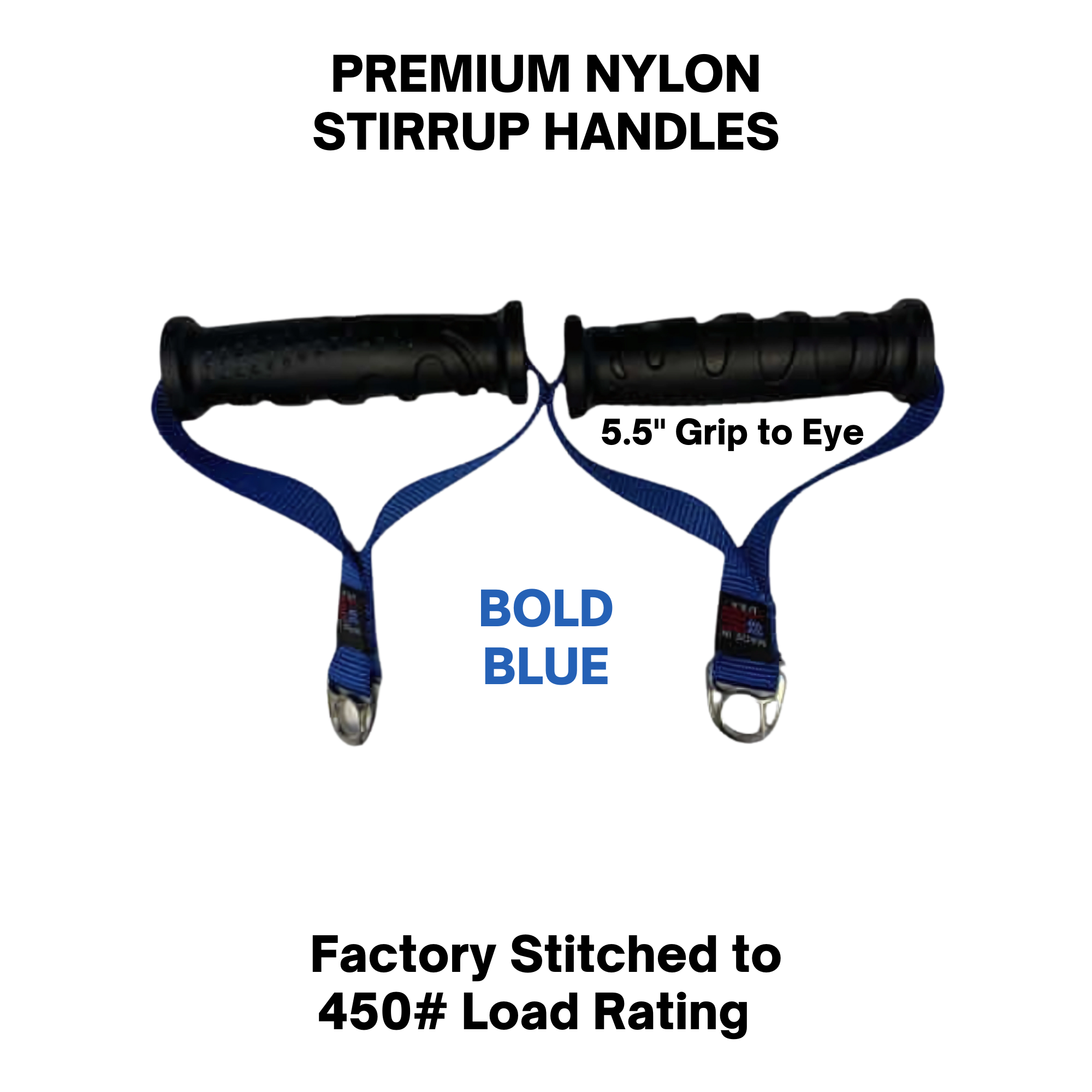Two black handles with bold blue straps and metal clips, labeled "BOLD BLUE"—perfect for your Cable Machine Bar or Tricep Bar. Use PULL FORCE 'MAINBEAM' Modular Cable Attachments for maximum pull force during workouts.