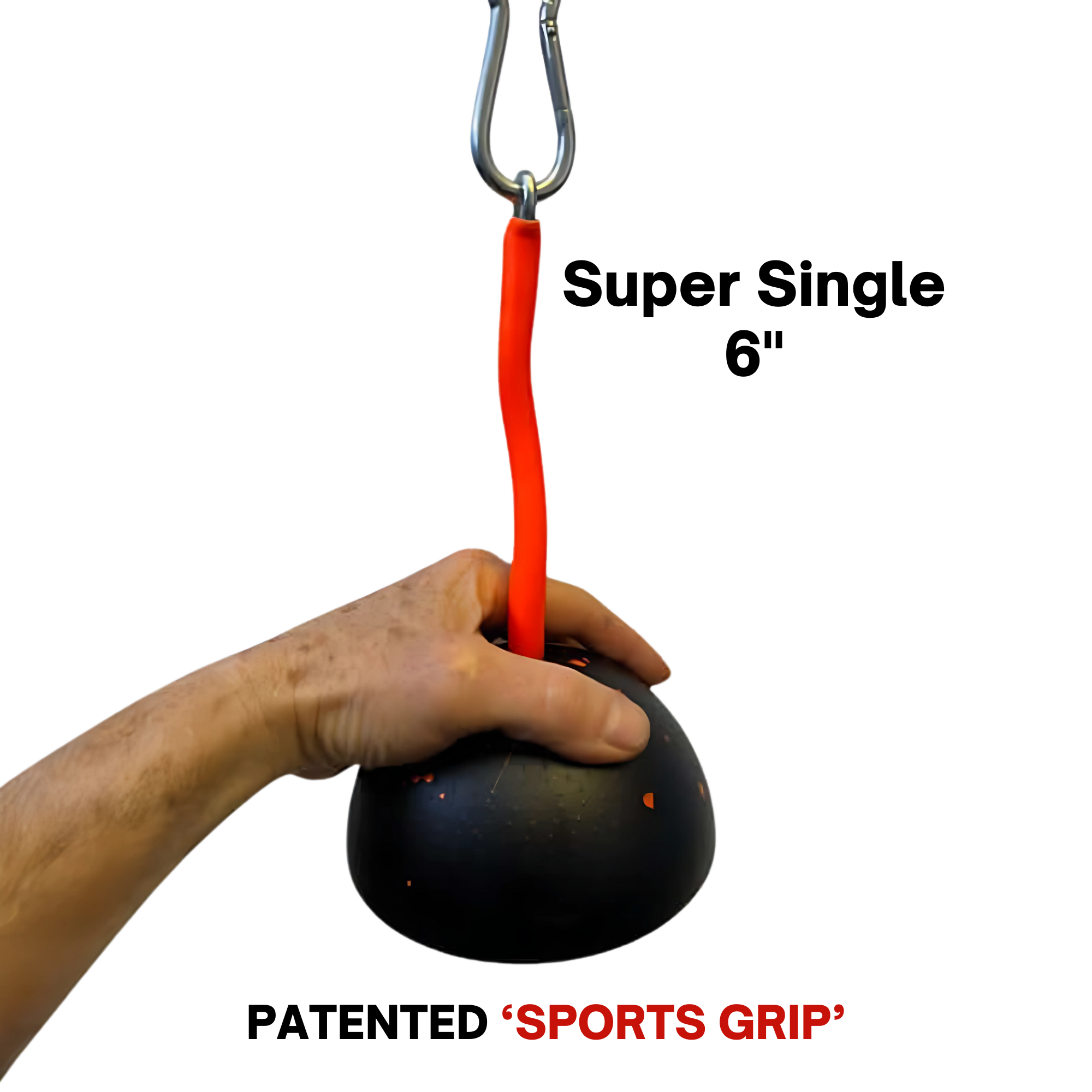 Hand gripping a PULL FORCE 'MAINBEAM' Modular Cable Attachment in black with a red strap, hanging from a metal hook—perfect for cable machine exercises; "SPORTS GRIP" text visible.