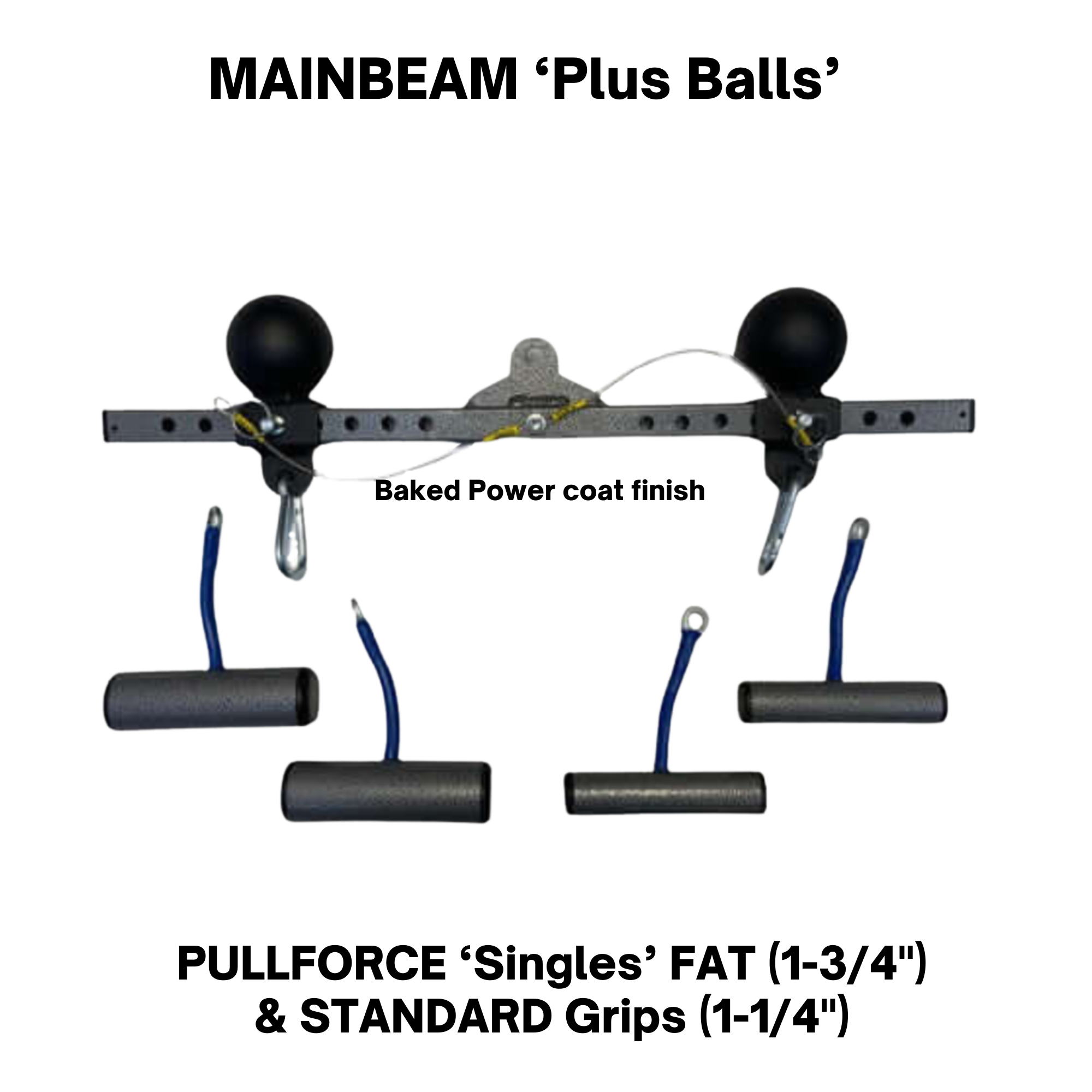 The PULL FORCE 'MAINBEAM' Modular Cable Attachment is a black metal device with two round clamps, hooks, and four blue-handled grips—perfect for use with a modular cable machine or as a tricep bar accessory.