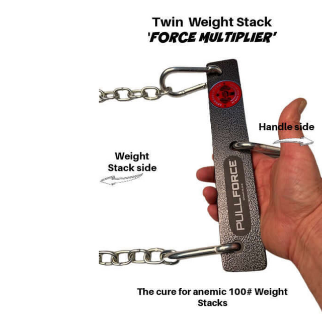 Close-up of a hand gripping the PULL FORCE MULTIPLIER for gym cable machine weight stacks with chains, ideal for dual cable machine use.
