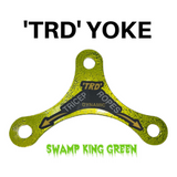 Green tri-point PULL FORCE Mini Multiplier Yoke with text: "TRD" YOKE," "TRICEP ROPES DYNAMIC," "SWAMP KING GREEN." Ideal handle attachment for Dual Cable machines.