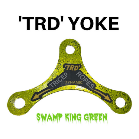 Green tri-point PULL FORCE Mini Multiplier Yoke with text: "TRD" YOKE," "TRICEP ROPES DYNAMIC," "SWAMP KING GREEN." Ideal handle attachment for Dual Cable machines.