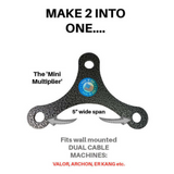 Text diagram of the "PULL FORCE Mini Multiplier Home Gym Cable Machine Yoke" with a 5" wide span for dual cable machines.
