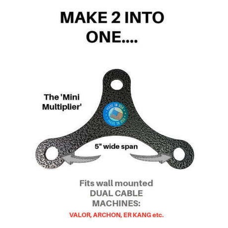 Text diagram of the "PULL FORCE Mini Multiplier Home Gym Cable Machine Yoke" with a 5" wide span for dual cable machines.