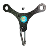 The PULL FORCE Mini Multiplier Home Gym Cable Machine Yoke is a black metal wall hook with three rounded arms, a carabiner, and a blue circular label—perfect for organizing gear used with Dual Cable machines.