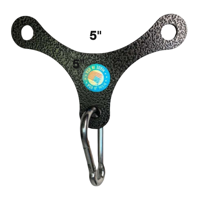 The PULL FORCE Mini Multiplier Home Gym Cable Machine Yoke is a black metal wall hook with three rounded arms, a carabiner, and a blue circular label—perfect for organizing gear used with Dual Cable machines.
