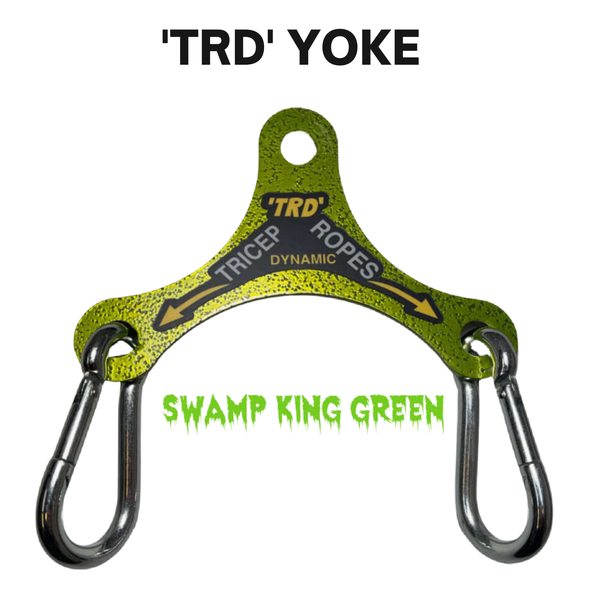 The PULL FORCE Mini Multiplier Home Gym Cable Machine Yoke in Swamp King Green features two metal clips, is compatible with dual cable machines, built for durability, and comes with a lifetime replacement warranty.