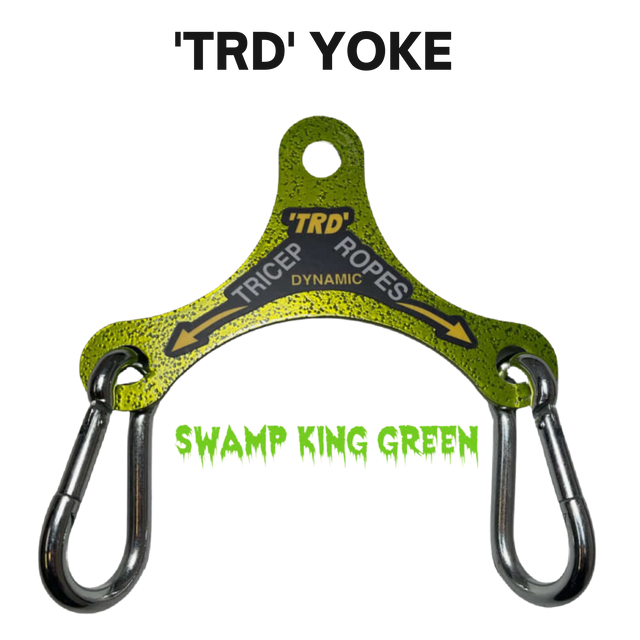 The PULL FORCE Mini Multiplier Home Gym Cable Machine Yoke in Swamp King Green features two metal clips, is compatible with dual cable machines, built for durability, and comes with a lifetime replacement warranty.