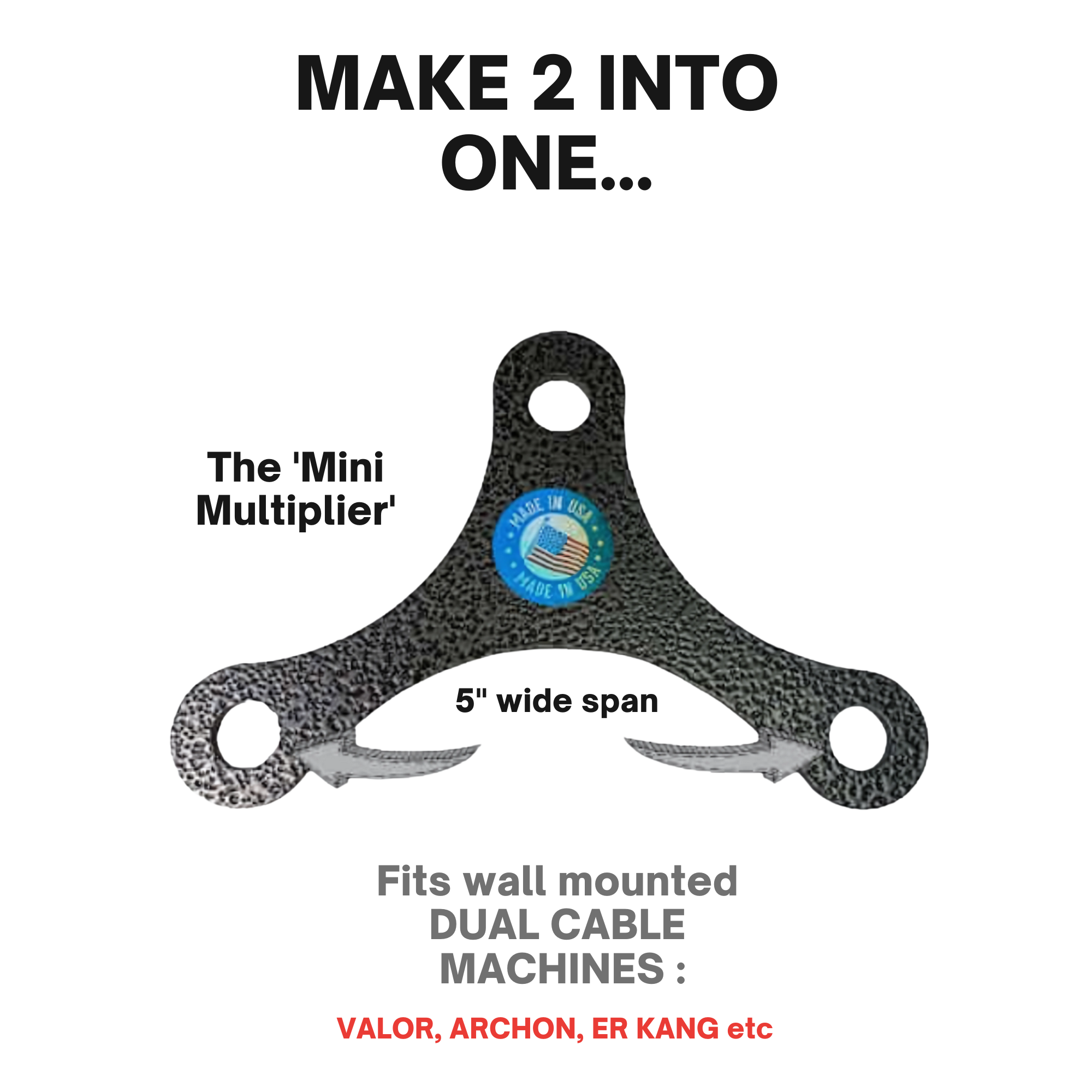 The PULL FORCE Mini Multiplier Home Gym Cable Machine Yoke is a black metal attachment for dual cable machines, with a 5" span and two hooks. Comes with a lifetime replacement warranty for peace of mind.