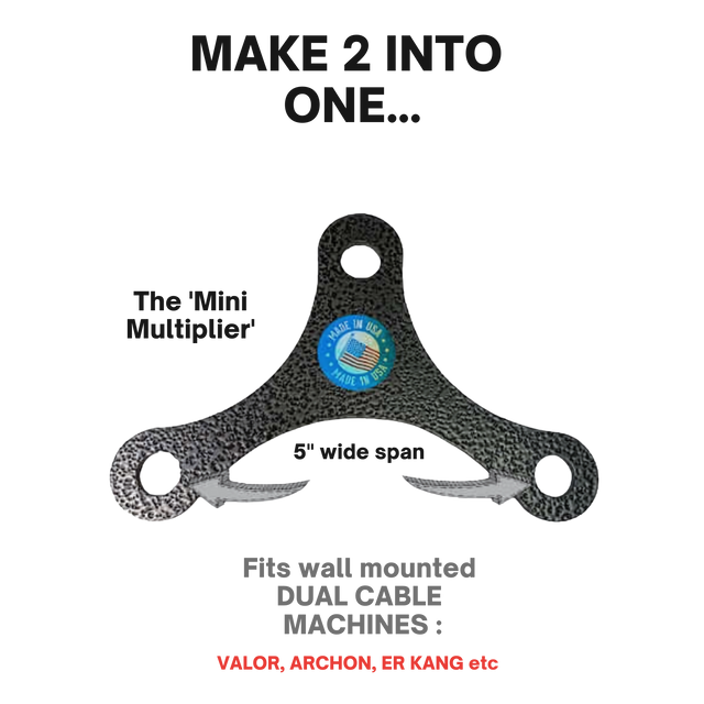 The PULL FORCE Mini Multiplier Home Gym Cable Machine Yoke is a black metal attachment for dual cable machines, with a 5" span and two hooks. Comes with a lifetime replacement warranty for peace of mind.