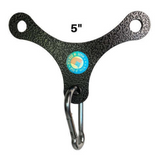 The PULL FORCE Mini Multiplier Home Gym Cable Machine Yoke is a 5" black, Y-shaped metal hanger with two holes and a silver carabiner at the bottom. Perfect as a handle attachment for dual cable machines, it enhances versatility while maintaining a sleek look.