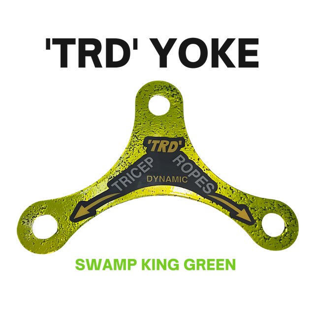A green yoke labeled “PULL FORCE Mini Multiplier Home Gym Cable Machine Yoke” with “SWAMP KING GREEN” below, designed for dual cable machines and covered by a lifetime replacement warranty.