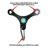 The PULL FORCE Mini Multiplier Home Gym Cable Machine Yoke is a black metal attachment with three holes and arrows for easy snap hook and handle connections. Ideal for Dual Cable machines, it includes a lifetime replacement warranty.