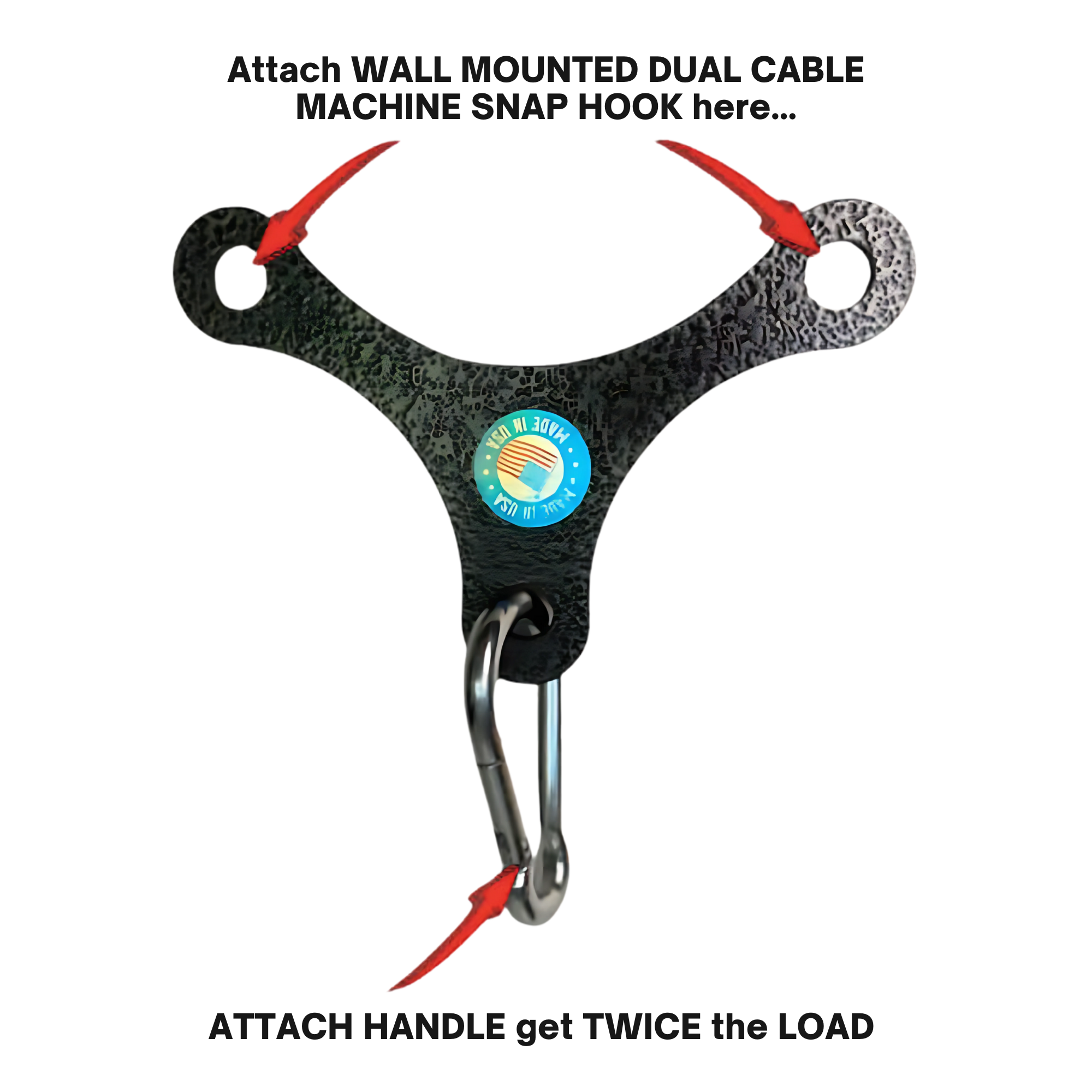 The PULL FORCE Mini Multiplier Home Gym Cable Machine Yoke is a black metal attachment with three holes and arrows for easy snap hook and handle connections. Ideal for Dual Cable machines, it includes a lifetime replacement warranty.