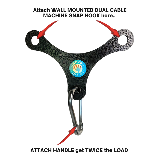 The PULL FORCE Mini Multiplier Home Gym Cable Machine Yoke is a black metal attachment with three holes and arrows for easy snap hook and handle connections. Ideal for Dual Cable machines, it includes a lifetime replacement warranty.