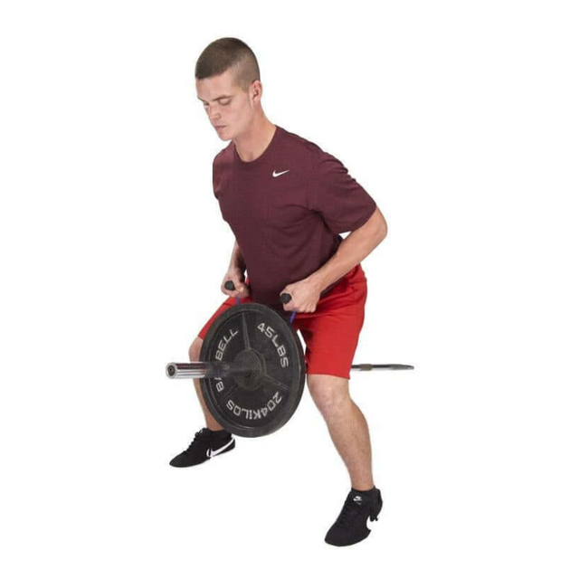 A person in workout clothes demonstrates a bent-over row using a barbell and the PULL FORCE Olympic T Bar Row Handle 'PLUS' Stand against a white backdrop, highlighting their enhanced grip strength.