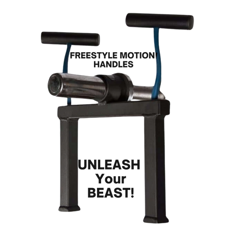 Unleash Your BEAST with the PULL FORCE Olympic T Bar Row Handle 'PLUS' Stand—black and blue, featuring Split Finger Handles for unbeatable grip and freestyle motion handles for dynamic workouts!.