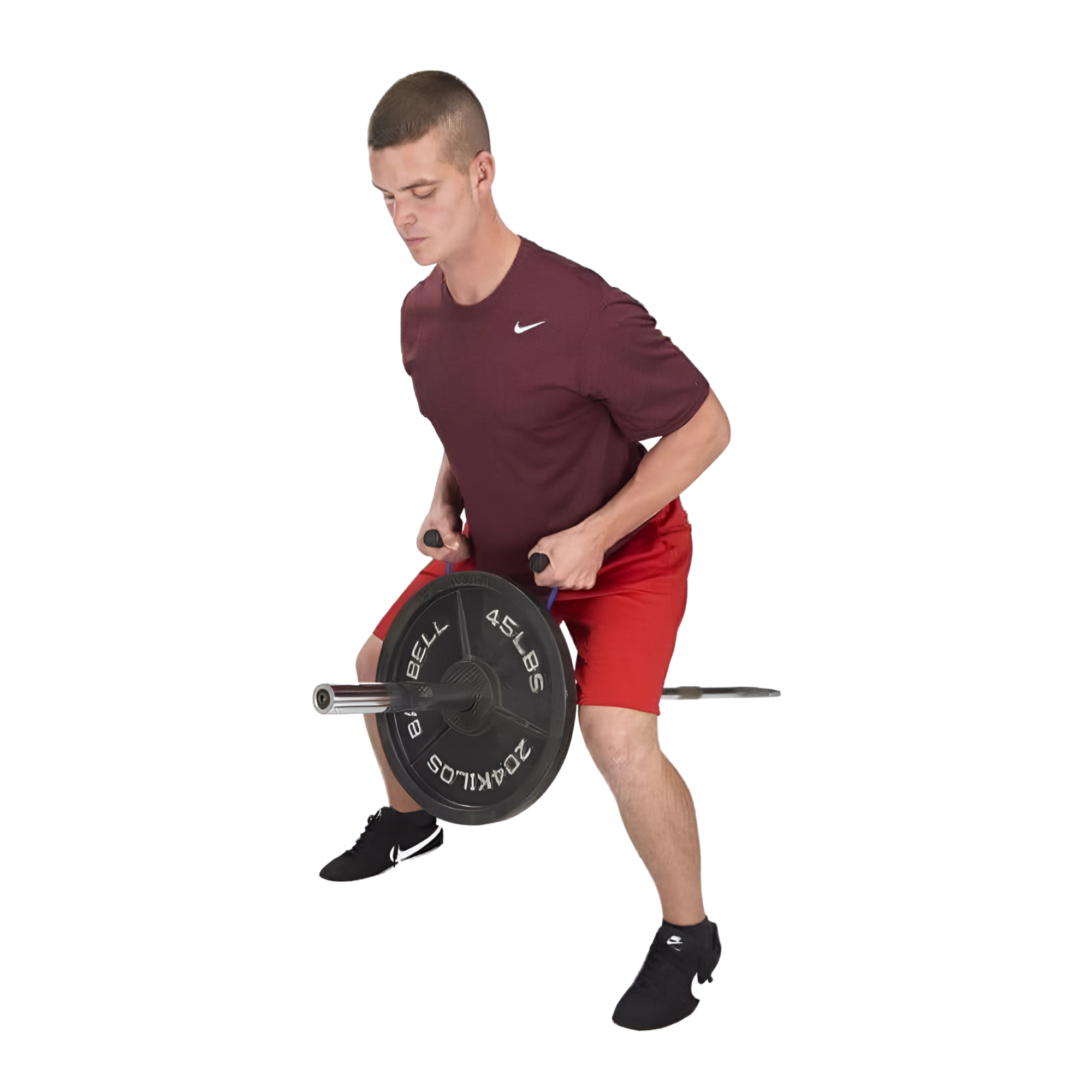 A man in athletic wear performs a bent-over barbell row with 45 lb weights on each side, using the PULL FORCE Olympic T Bar Row Handle 'PLUS' Stand for enhanced freestyle motion.